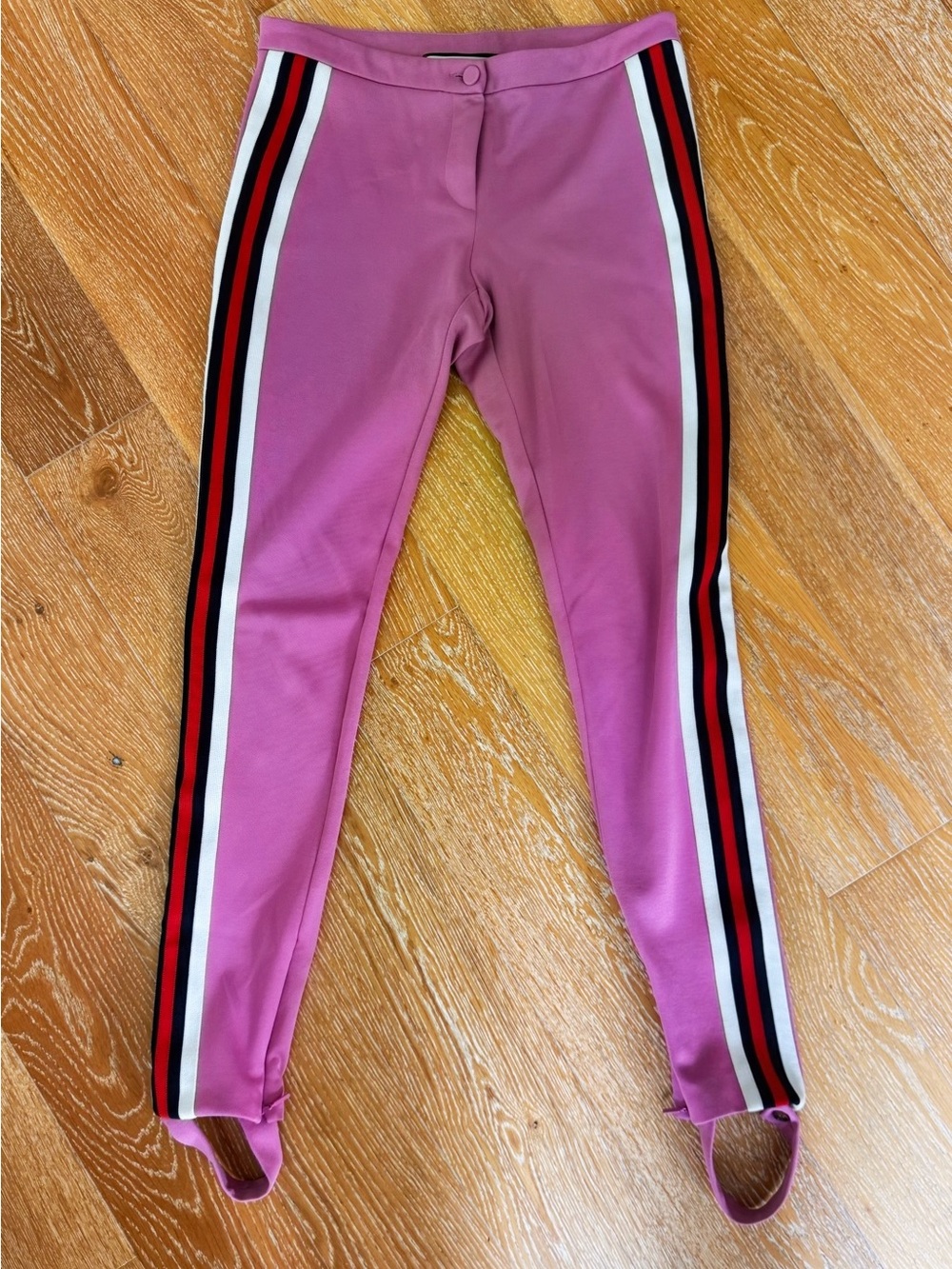 Gucci Pink Stirrup Leggings with White, Black and Red Side Stripes